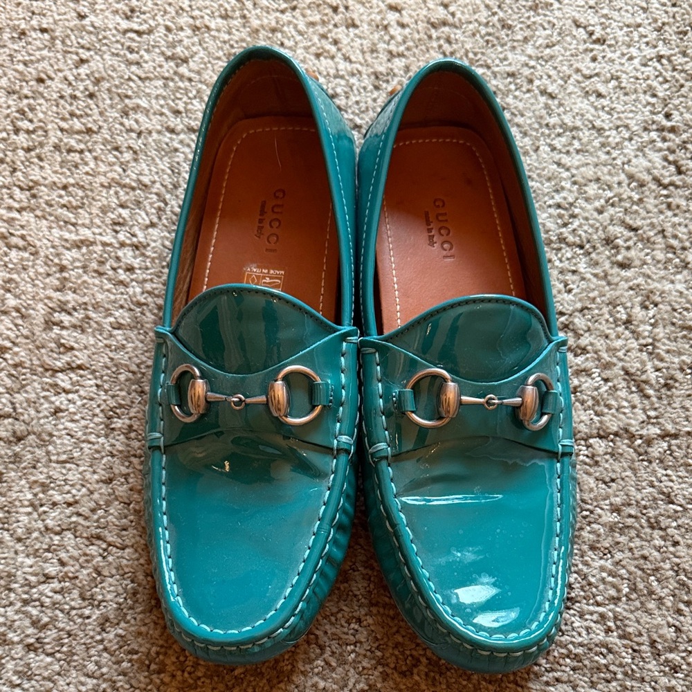 Gucci Aqua Patent Horsebit Driving Moccasins